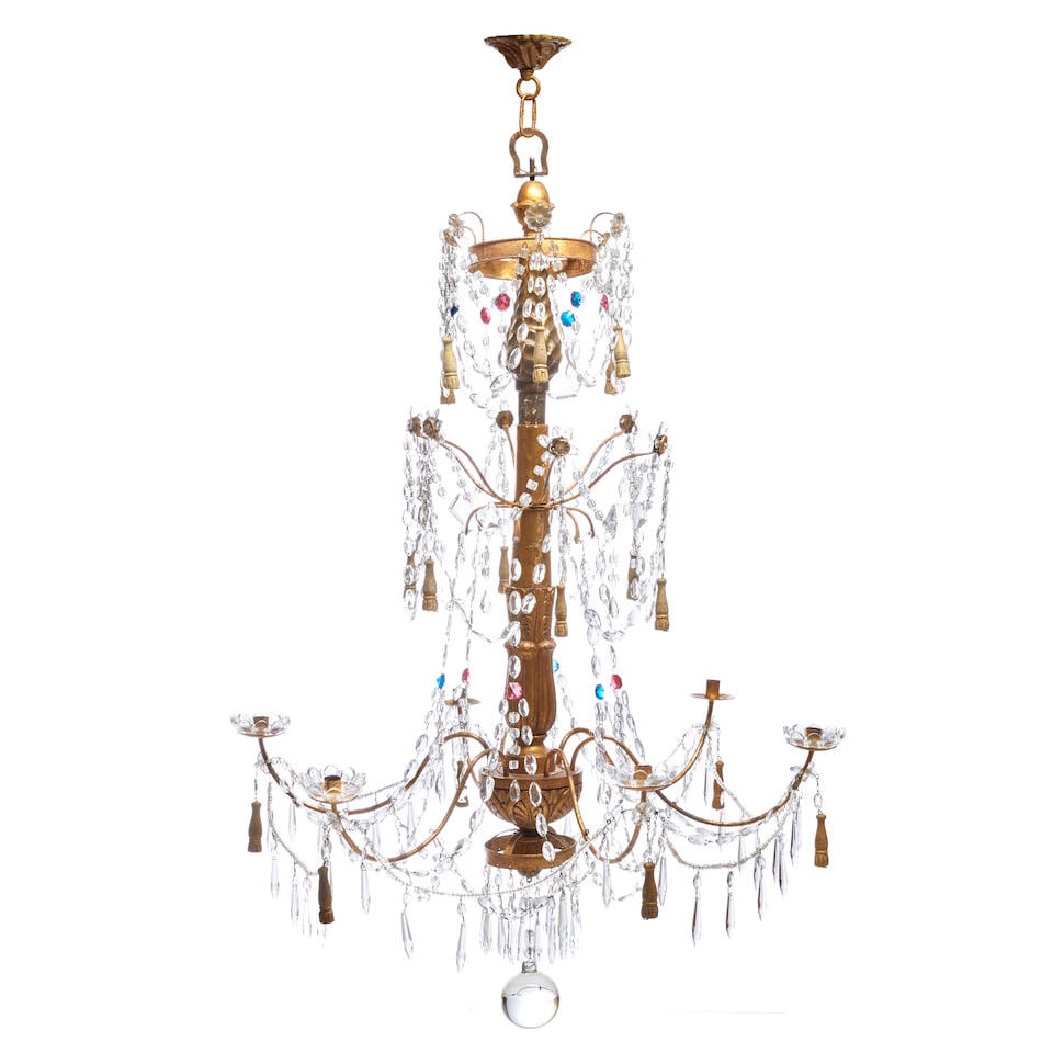 Italian Six-light Giltwood, Metal and Glass Chandelier, 19th century, (1 of 1)
