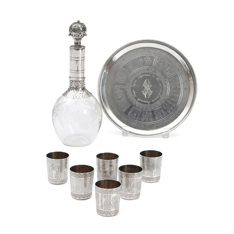 Russian .875 Silver Drink Set,: Russian .875 Silver Drink Set, Saint Petersburg, 1881, Grachev, maker, 84 zolotnik standard, includes etched glass decanter with silver overlay, ht. 10; tray dia. 8 3/8; and six shot glasses, ht. 2 7