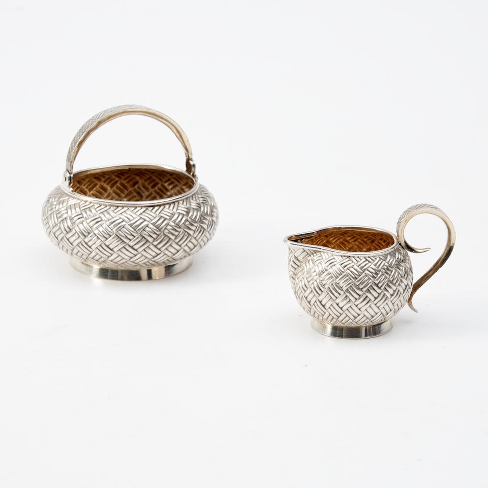 Russian Trompe L'oeil .875 Silver Creamer and Sugar Bowl, (1 of 1)