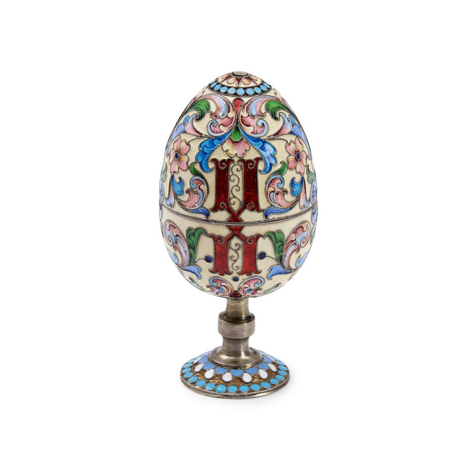 Russian .875 Silver and Cloisonne Enamel Egg Cup,: Russian .875 Silver and Cloisonne Enamel Egg Cup, Moscow, 1899-1908, Maria Semenova, maker, 84 zolotnik standard, ovoid in two halves, the body enameled overall with varicolored stylized floral motif