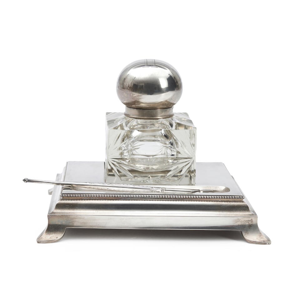 Russian .875 Silver Cut Glass Inkwell and Stand,: Russian .875 Silver Cut Glass Inkwell and Stand, St. Petersburg, 1899-1908, Grachev, maker, 84 zolotnik standard, the inkwell with monogrammed globular lid over a cut glass body with starburst motif,