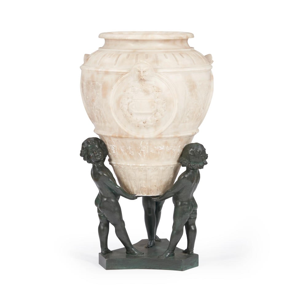 Alabaster Urn Supported by Verdigris Bronze Children, 19th/20th century, (1 of 1)