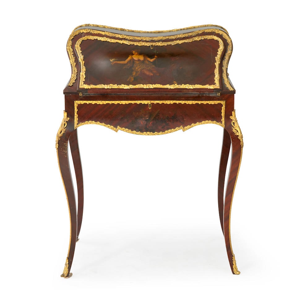 Napoleon III Vernis Martin Bureau de Dame, France, late 19th century,: Napoleon III Vernis Martin Bureau de Dame, France, late 19th century, of serpentine form, the slant-lid desk with maiden framed by ormolu border, enclosing a fitted interior, above a frieze drawer wit