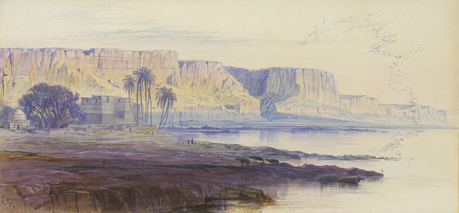 Edward Lear (British, 1812-1888) The Nile at Kasr-es-Saad: Edward Lear (British, 1812-1888) The Nile at Kasr-es-Saad inscribed 'Nile. Kasr es Saad' (lower left) watercolour and bodycolour 17.5 x 37.5cm (6 7/8 x 14 3/4in). Footnotes: Provenance