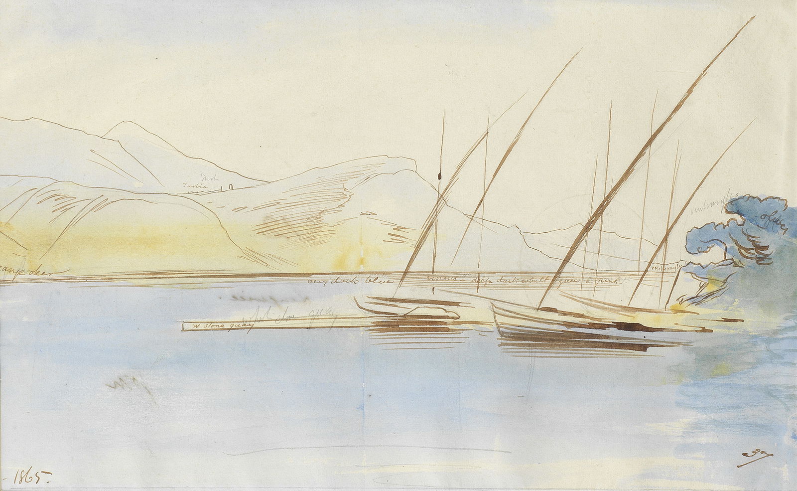 Edward Lear (British, 1812-1888) View from St. Jean towards Villefranche: Edward Lear (British, 1812-1888) View from St. Jean towards Villefranche dated '1865' (lower left); numbered '37' (lower right); inscribed 'from/Ville St. Jean/(Villefranche) 15. February 1.PM.' (on a
