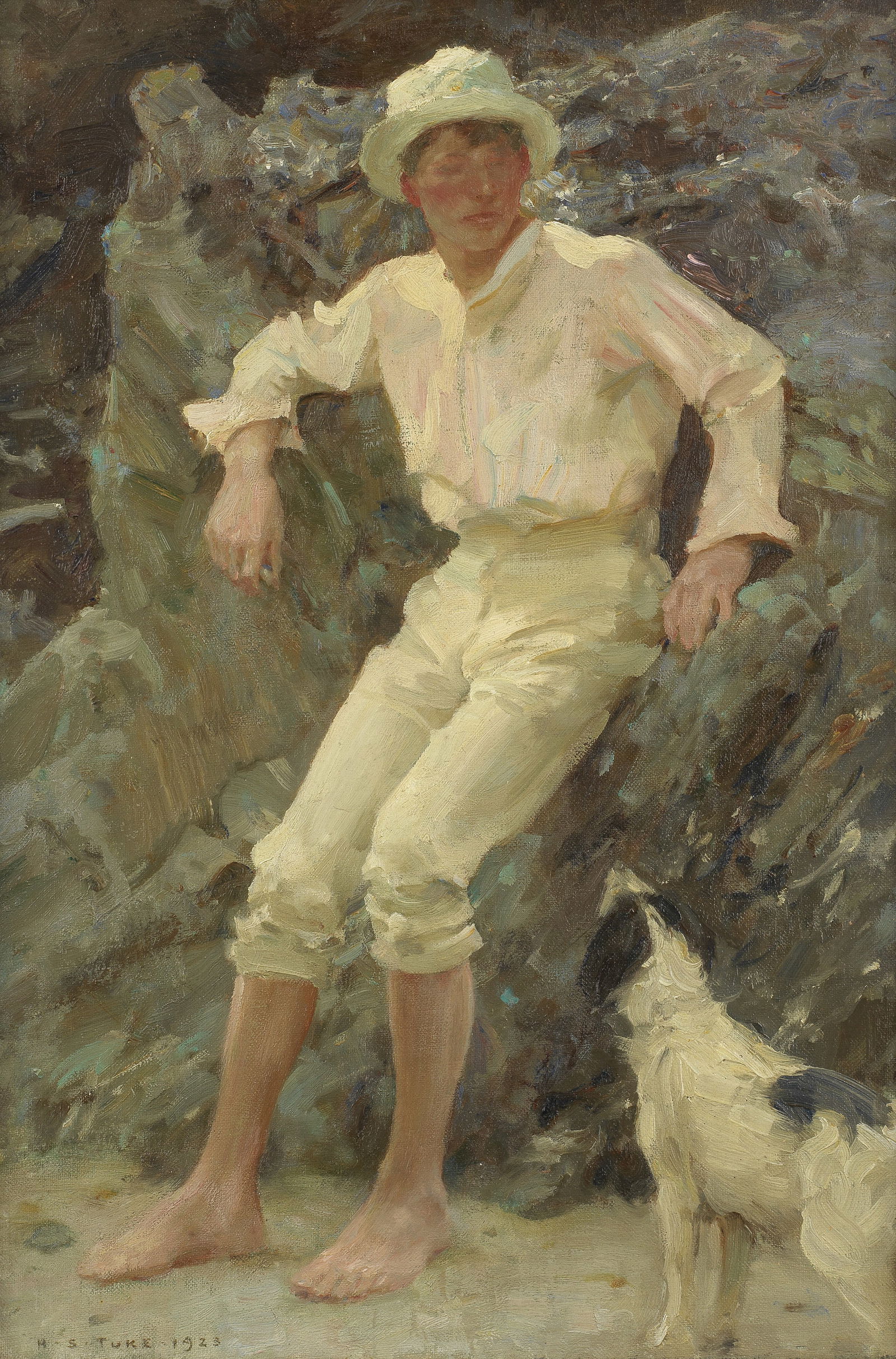 Henry Scott Tuke, RA, RWS (British, 1858-1929) Expectant: Henry Scott Tuke, RA, RWS (British, 1858-1929) Expectant signed and dated 'H. S. TUKE. 1923' (lower left), inscribed with title and artist's name and address (on an old label attached to the reverse)