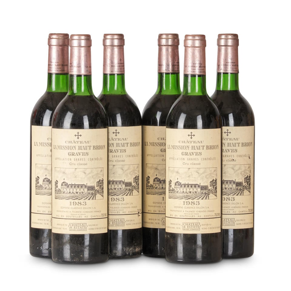Chateau La Mission Haut Brion 1983 (6 bottles): Chateau La Mission Haut Brion 1983 Pessac Leognan u: top shoulder 6 bottles Footnotes: Bordeaux, Left Bank This lot is subject to the following lot symbols: • • Zero rated for tax, no tax