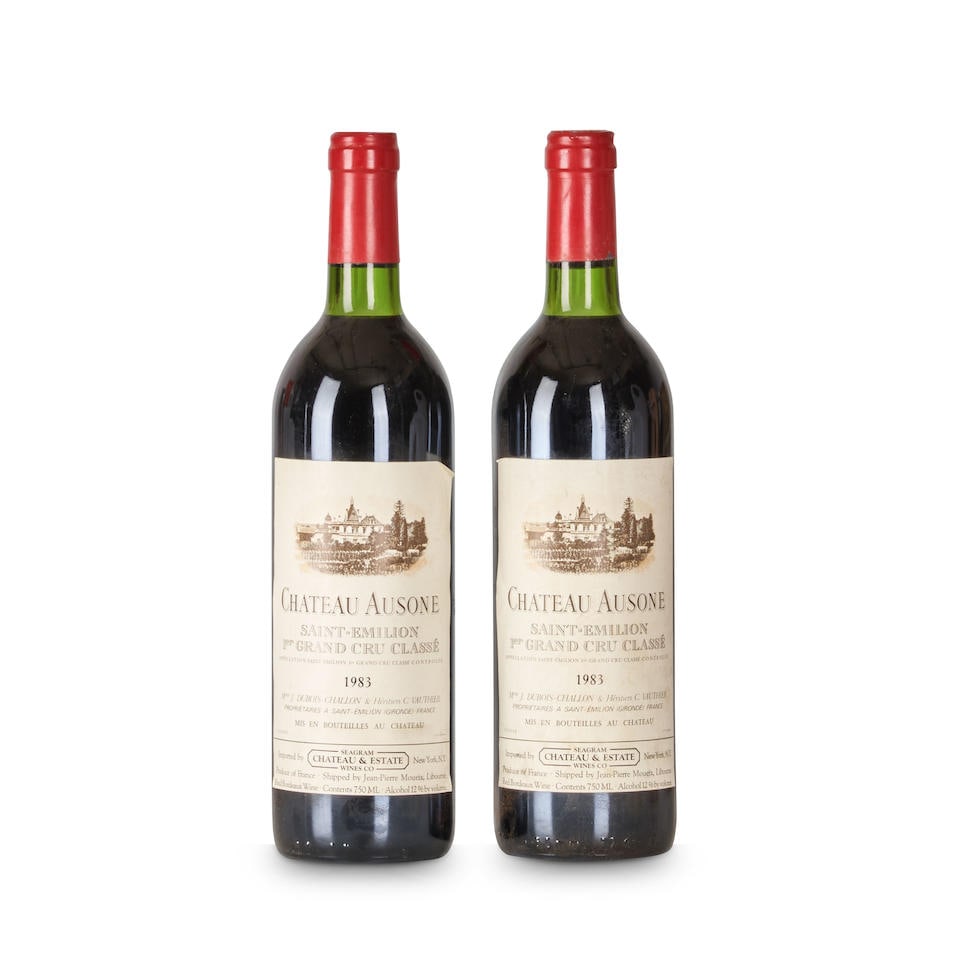 Chateau Ausone 1983 (2 bottles): Chateau Ausone 1983 St. Emilion u: very top shoulder 2 bottles Footnotes: Bordeaux, Right Bank This lot is subject to the following lot symbols: • • Zero rated for tax, no tax will be adde