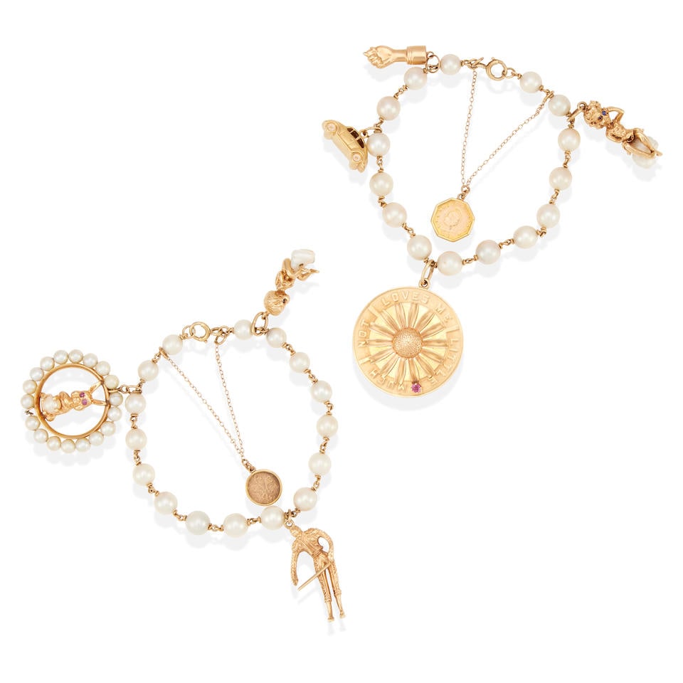 TWO 14K GOLD, CULTURED PEARL AND GEM-SET CHARM BRACELETS: TWO 14K GOLD, CULTURED PEARL AND GEM-SET CHARM BRACELETS • 14k yellow gold • Numerous round and baroque cultured pearls • 3 round rubies and 4 round sapphires • 1 charm signed