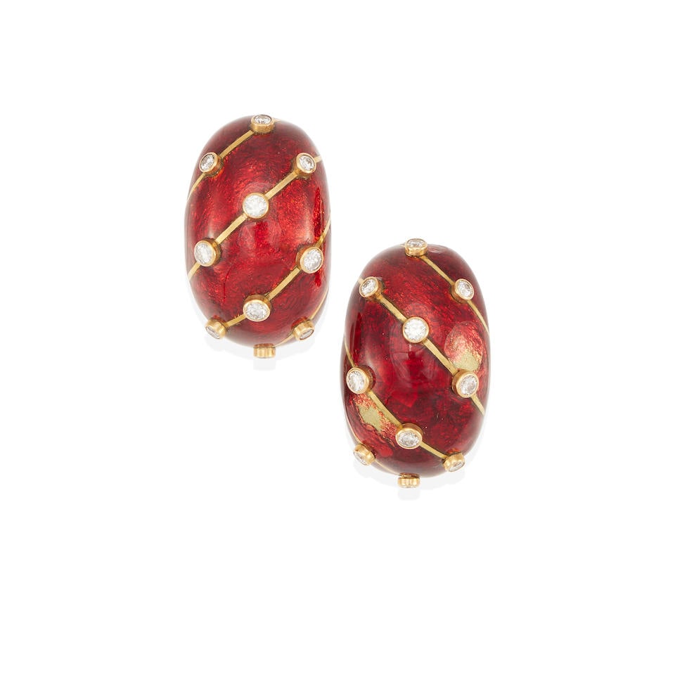 SCHLUMBERGER FOR TIFFANY & CO.: A PAIR OF 18K GOLD, ENAMEL AND DIAMOND EARCLIPS (1 of 2)