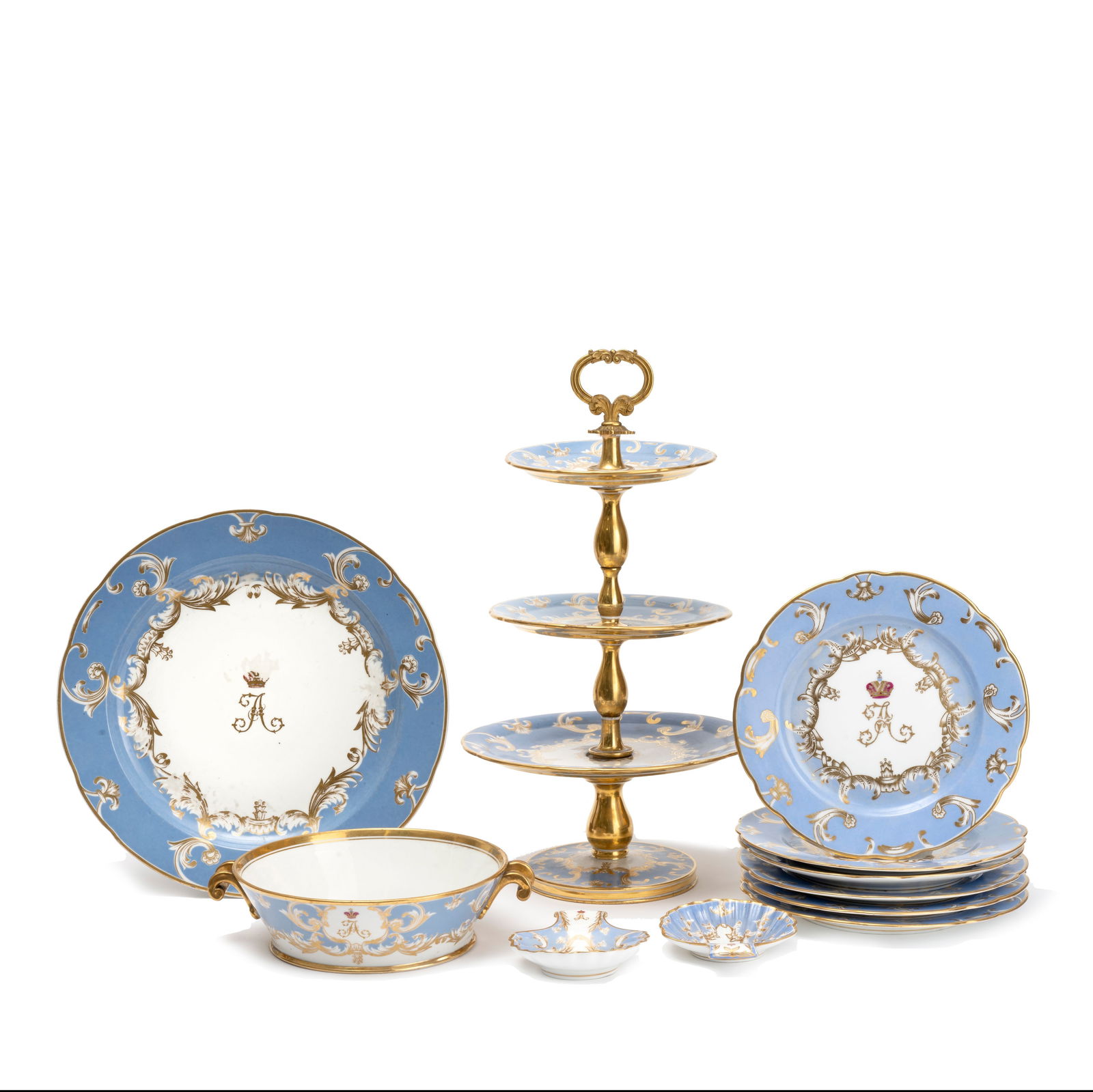 A late 19th century gilt metal mounted Russian porcelain three-tier cake stand together with a s... (1 of 1)
