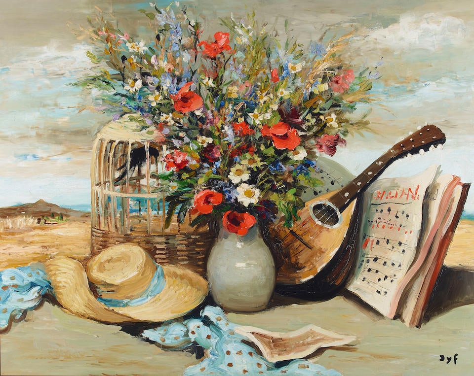 Marcel Dyf (French, 1899-1985), A still life with a vase of flowers, a caged bird, and a mandoli...: Marcel Dyf (French, 1899-1985) A still life with a vase of flowers, a caged bird, and a mandolin signed 'Dyf' (lower right) oil on canvas 28 1/2 x 36 1/4in (72.4 x 92.1cm) Footnotes: Including corresp