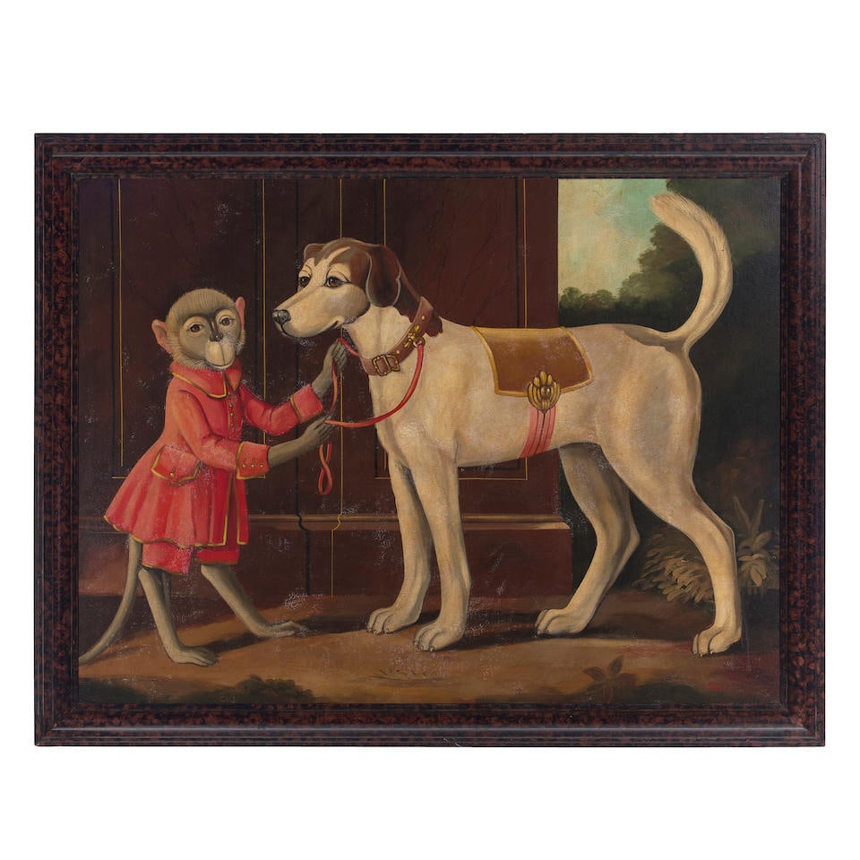 William Skilling (British/American, active 1960-1980) Double act: a monkey and dog 36 1/4 x 48in... (1 of 2)