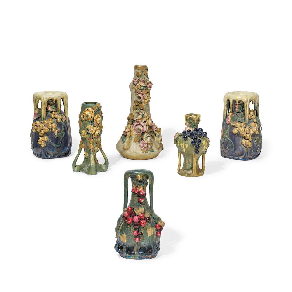 AN ASSORTED GROUP OF SIX AMPHORA POTTERY VESSELS WITH APPLIED DECORATION each with Amphora marks... (1 of 1)