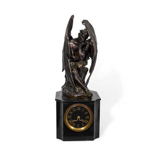 A FRENCH PATINATED BRONZE FIGURE OF SATANAfter Jean-Jacques Feuchère, 20th century: A FRENCH PATINATED BRONZE FIGURE OF SATAN After Jean-Jacques Feuchère, 20th century Now mounted as a clock, signed and dated J. Feuchère 1833 to the bronze. height of bronze 13 1/2in (34.3cm