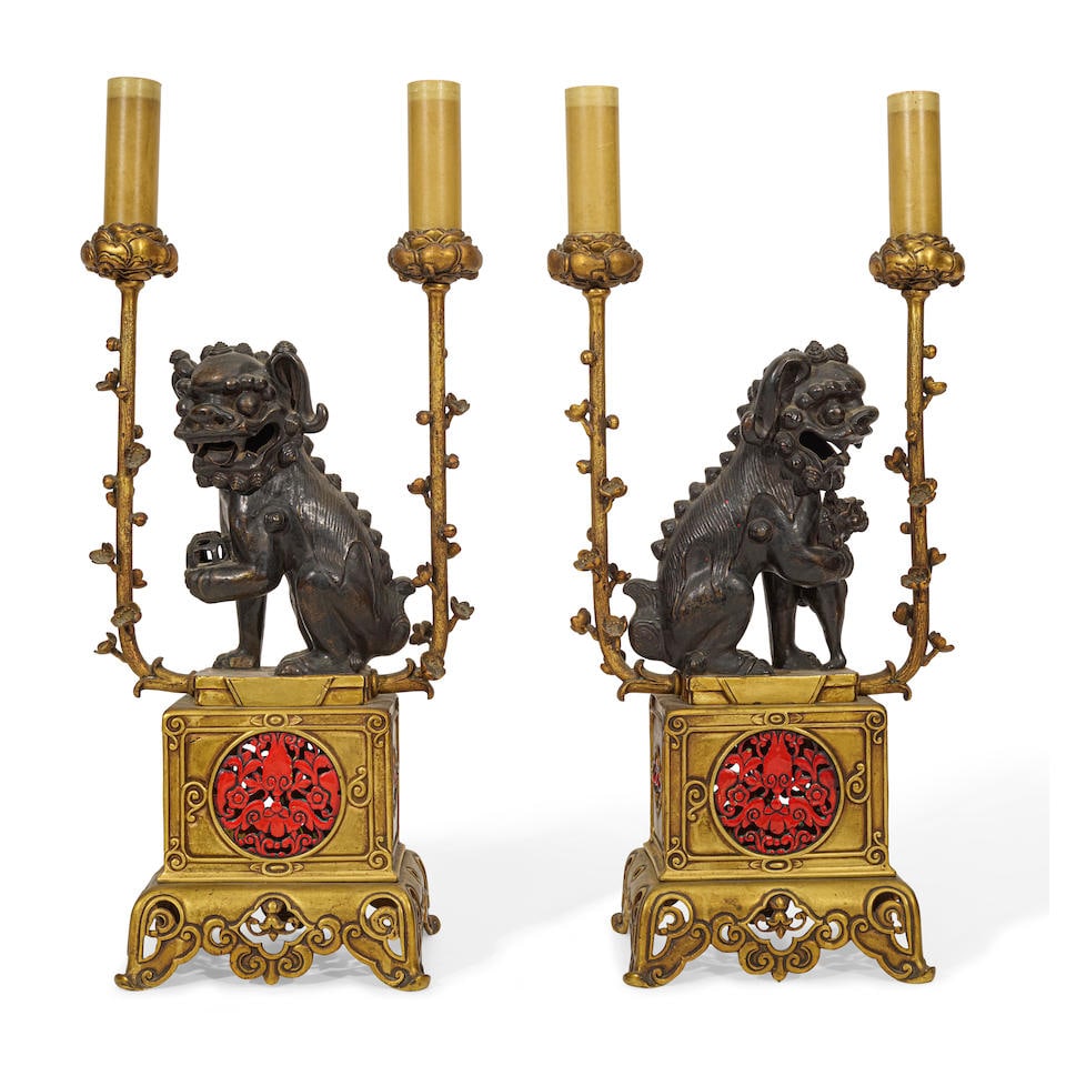 A PAIR OF CHINESE STYLE PAINTED, PATINATED, AND GILT BRONZE FOO DOG-FORM LAMPS20th century (1 of 2)