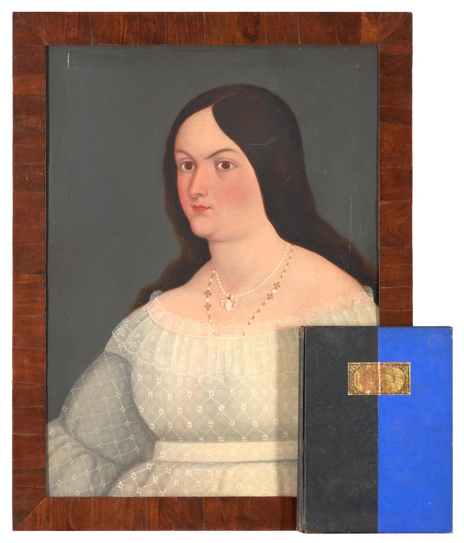 Possibly Jose Maria Estrada (Mexican, c. 1810-62) Portrait of a Woman in a White Gown Ht. 27 1/2...: Possibly Jose Maria Estrada (Mexican, c. 1810-62) Portrait of a Woman in a White Gown The woman with long dark brown hair wearing two necklaces, mounted in a mahogany veneer frame, with the book Pintu
