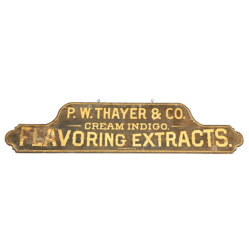 Black-painted and Gilt Trade Sign, Philadelphia, Pennsylvania, late 19th century.: Black-painted and Gilt Trade Sign, Philadelphia, Pennsylvania, late 19th century. Inscribed 'P. W. Thayer & Co. / Cream Indigo. / Flavoring Extracts. / Stackhouse & Co.', 177cm wide, 40cm high (70 1/2