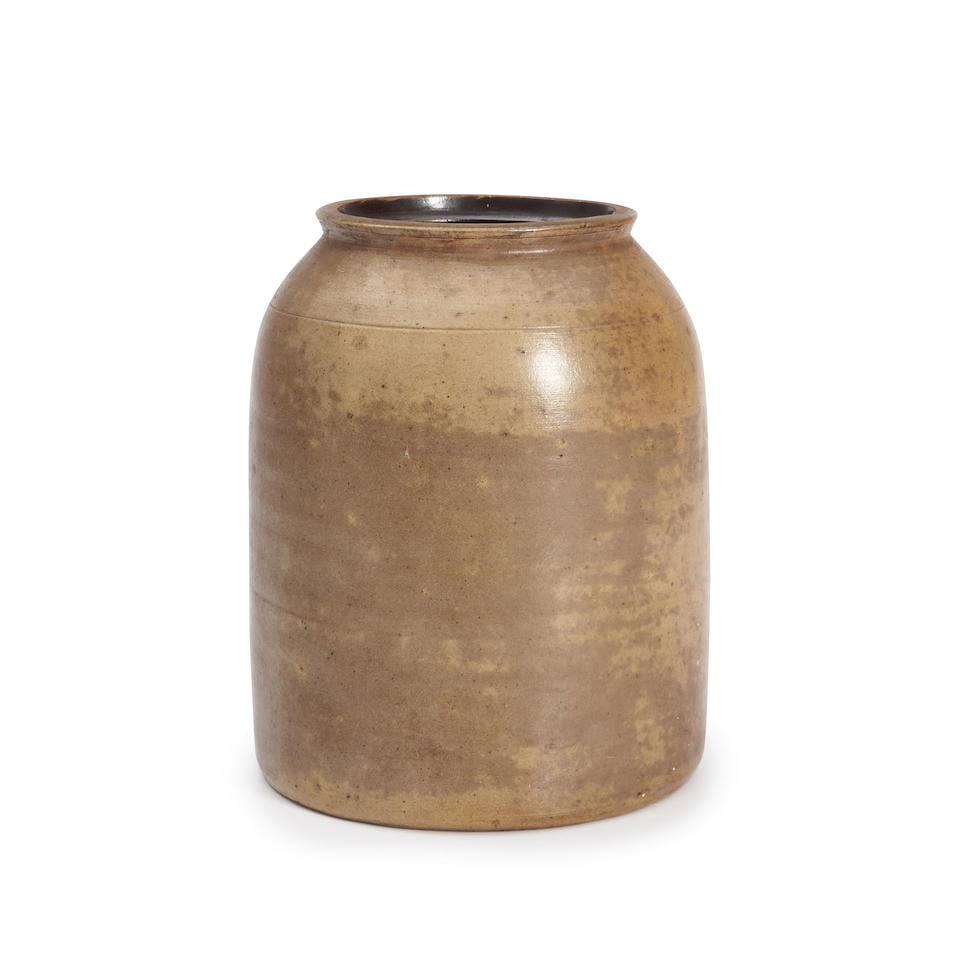 Stoneware Snuff Jar, labeled Eagle Mills, Spotswood, New Jersey, c. 1870.: Stoneware Snuff Jar, labeled Eagle Mills, Spotswood, New Jersey, c. 1870. Small wheel-thrown jar with short flaring rim and brown-glazed interior, paper label printed in red ink inscribed 'EAGLE MILLS
