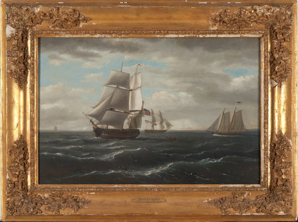 Thomas Birch (1779-1851), c. 1845. China Bound. Sight, ht. 19 1/2, wd. 29 1/4 in.: Thomas Birch (1779-1851), c. 1845. China Bound. Canvas lined with Masonite support, in gilt and composite frame with artist label. Unsigned. Oil on canvas. Sight, ht. 19 1/2, wd. 29 1/4 in. Footnotes: