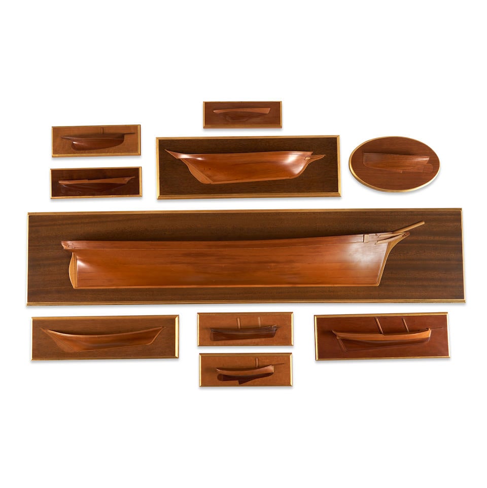 Ten Carved and Inlaid Half-hull Ship Models, Rob Napier (b. 1946), North Chatham, Massachusetts,...: Ten Carved and Inlaid Half-hull Ship Models, Rob Napier (b. 1946), North Chatham, Massachusetts, 1974-80. Ships represented include Dove, designed and built by Sylvester S. Baltzer in Preaux, Minas Ba