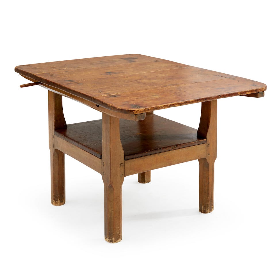 Chair Table, probably Canada, 18th century.: Chair Table, probably Canada, 18th century. Pieced top with chamfered corners mounted on two cleats with drilled holes aligning to those on top rails of a bench base with double-pinned mortise-and-ten