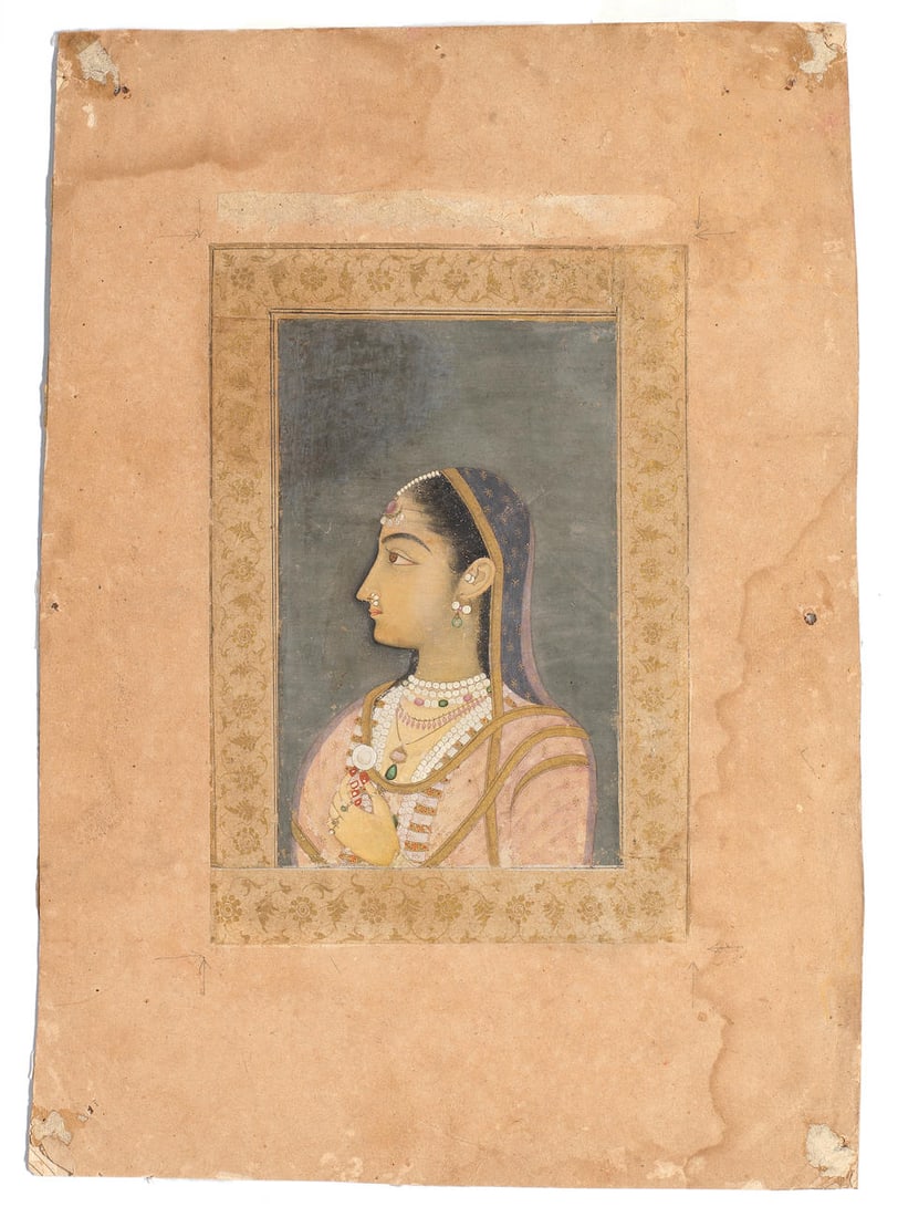 A bejewelled princess at a balcony window Mughal, circa 1760 (1 of 2)