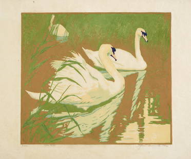 Jessie Arms Botke (1883-1971); Swans;: Jessie Arms Botke (1883-1971) Swans, c. 1930 Woodcut in colors on laid Japan paper, signed in pencil, titled and inscribed 'Botke Prints', edition size under 50, published by Jessie and Cornelis Botke