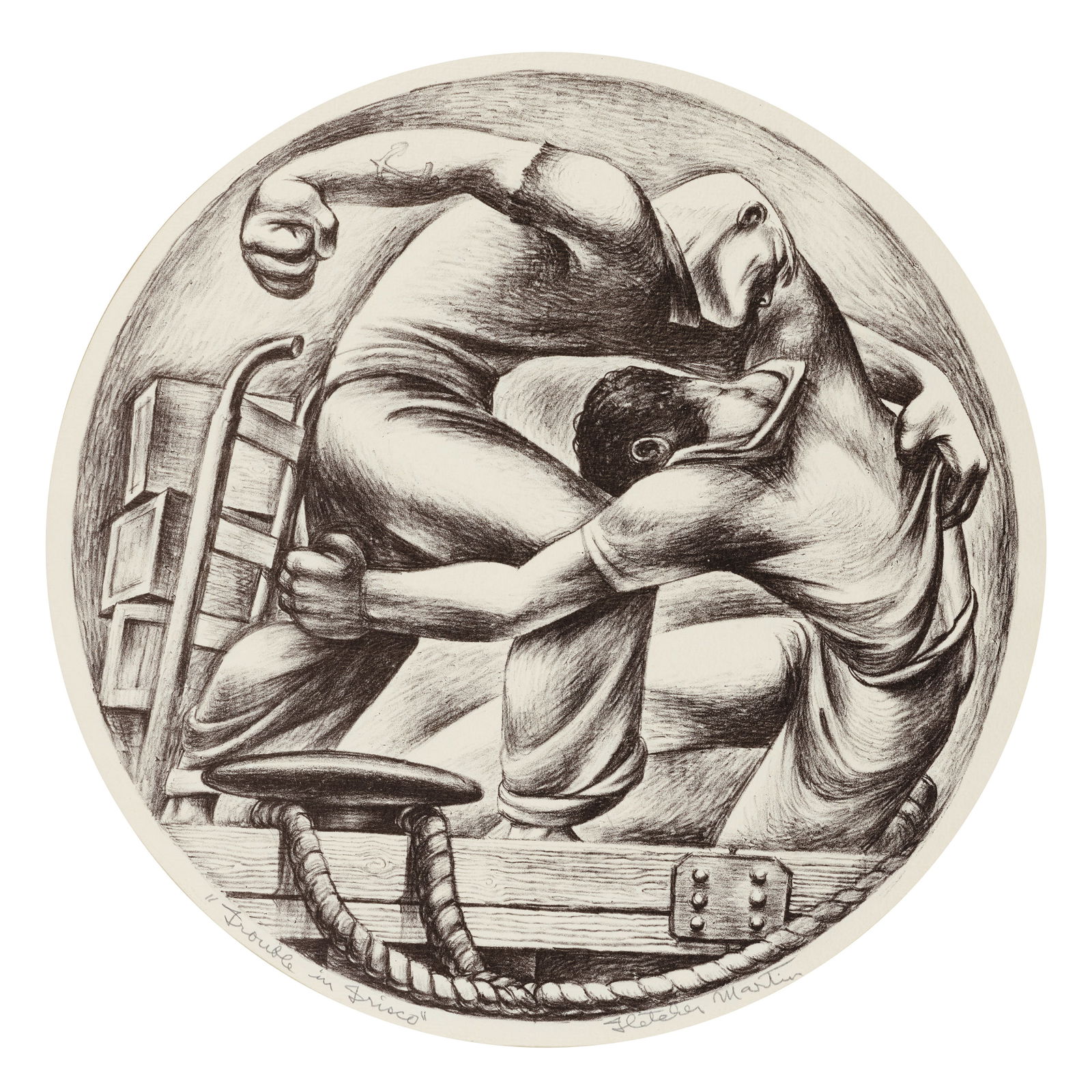 Fletcher Martin (1904-1979); Trouble in Frisco;: Fletcher Martin (1904-1979) Trouble in Frisco, c. 1935 Lithograph on wove paper, signed in pencil and titled, from the edition of approximately 150, printed by Earl Hays Press, Los Angeles, with margi