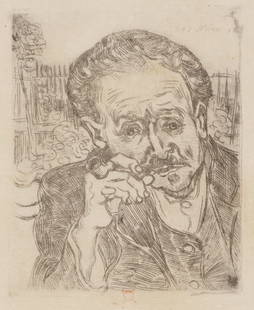 Vincent Van Gogh (1853-1890); Homme à la Pipe: Portrait du Docteur Gachet;: Vincent Van Gogh (1853-1890) Homme à la Pipe: Portrait du Docteur Gachet (De la Faille 1664, Van Heugten/Pabst 10, Hulsker 2028), 1890 Etching on laid Japan paper, with wide margins, framed. plat