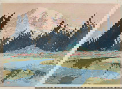Hiroshi Yoshida (1876-1950); Mount Rainier (Reniya-yama), from The United States;: Hiroshi Yoshida (1876-1950) Mount Rainier (Reniya-yama), from The United States, 1925 Woodcut in colors on laid Japan paper to Japan paper support, with artist's five-petal flower and 'red jizuri' ink