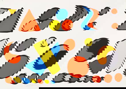 Alexander Calder (1898-1976); Alphabet et Saucisson;: Alexander Calder (1898-1976) Alphabet et Saucisson, c. 1970 Lithograph in colors on Rives paper, signed in pencil and numbered 15/90, with full margins. sheet 21 1/4 x 29 3/4in (54 x 75.6cm)