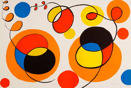 Alexander Calder (1898-1976); Loops and Spheres;: Alexander Calder (1898-1976) Loops and Spheres, 1970 Lithograph in colors on wove paper, signed in pencil and numbered XXXVIII/L, the full sheet, framed. sheet 29 1/2 x 43 1/4in (74.9 x 109.9cm)