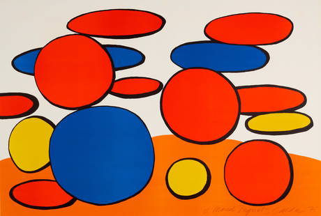 Alexander Calder (1898-1976); Composition aux cercles;: Alexander Calder (1898-1976) Composition aux cercles, 1975 Lithograph in colors on wove paper, signed in pencil, dated and annotated 'a Marcel Paquet' (aside from the edition of 95), the full sheet, f