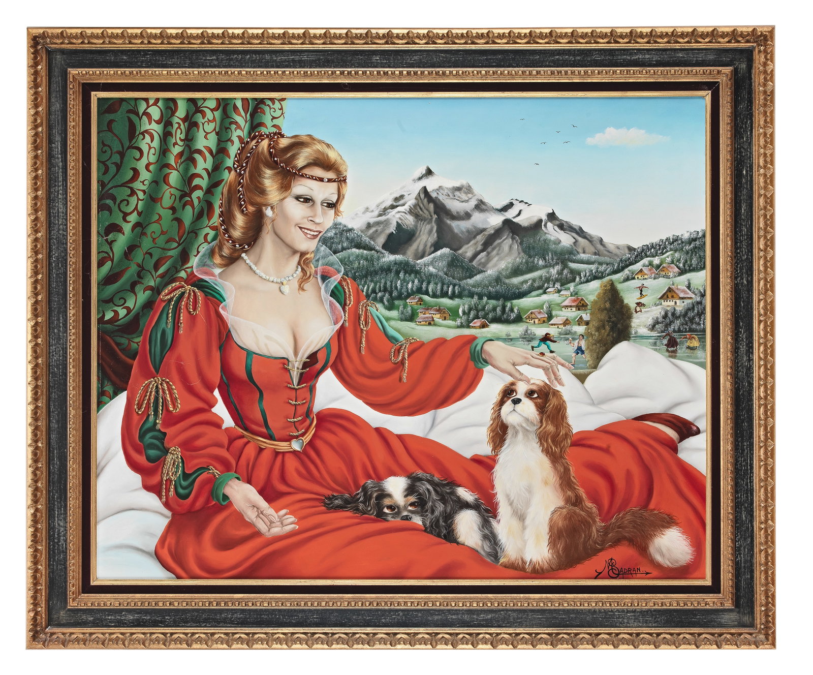 Marlène Sadran-Frigoli (French, born 1942) La Belle des Montaignes: Marlène Sadran-Frigoli (French, born 1942) La Belle des Montaignes Signed 'MSadran.' (lower right) and further titled and signed to the stretcher verso Oil on canvas 73.5 x 92cm (28 15/16 x 36 1/