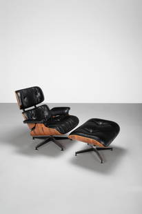 Charles and Ray Eames Lounge chair and ottoman, model nos. 670 and 671, designed 1956, produced...: Charles and Ray EamesLounge chair and ottoman, model nos. 670 and 671, designed 1956, produced 1970sSantos palisander plywood, leather, aluminium.Lounge chair: 83 x 84 x 87 cmOttoman: 42 x 69.2 x 55