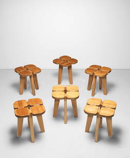 Attributed to Olof Ottelin Set of six 'Apila' (Four-leaf clover) stools, 1960s: Attributed to Olof Ottelin Set of six 'Apila' (Four-leaf clover) stools, 1960s Pine. Each: 40 x 34.5 x 34.5 cm Produced by Keravan Puusepäntehdas for Oy Stockmann Orno Ab, Finland. Footnotes: Lit