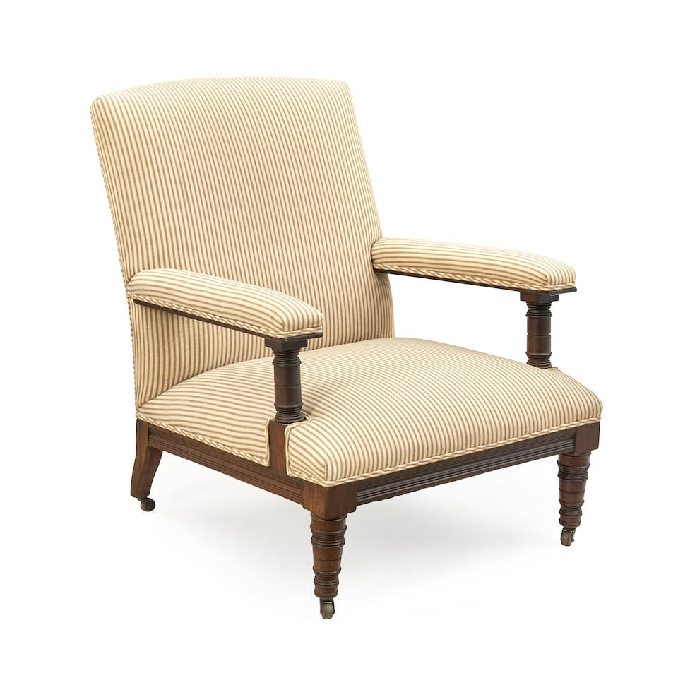 FEDERAL-STYLE MAHOGANY AND UPHOLSTERED ARMCHAIR: FEDERAL-STYLE MAHOGANY AND UPHOLSTERED ARMCHAIR • United States of America • 19th century • On casters • 34' height • 27' width • 37' depth Footnotes: OVERALL CONDI