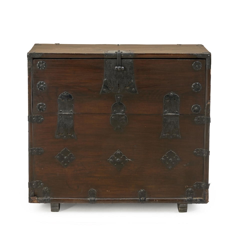 CHINESE HARDWOOD CHEST: CHINESE HARDWOOD CHEST • China • Late 19th/early 20th century • Wrought iron hinges and details • Raised base • 33 1/4' height • 37' width • 14 3/4' depth Foo