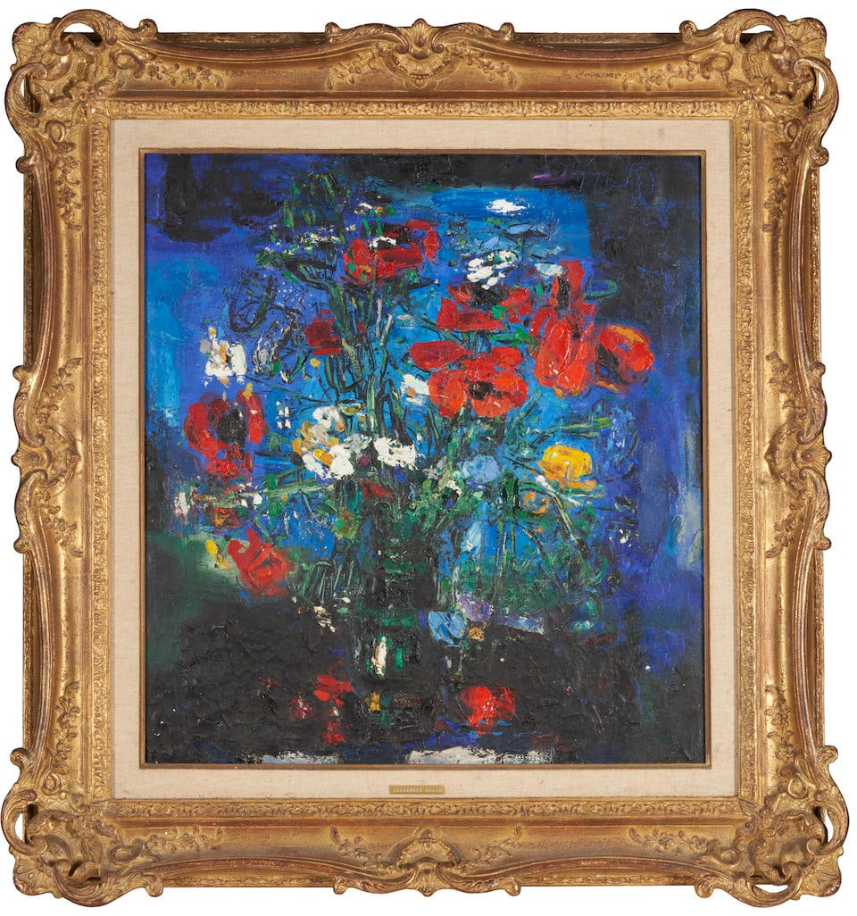 ALEX PADINA-MOSER (SWISS, 1904-1992) RED AND BLUE FLORAL STILL LIFE: ALEX PADINA-MOSER (SWISS, 1904-1992) RED AND BLUE FLORAL STILL LIFE • Identified by plaque mounted to frame, unsigned • Oil on canvas • Framed • 25 1/2' x 23 1/2' sight size &#