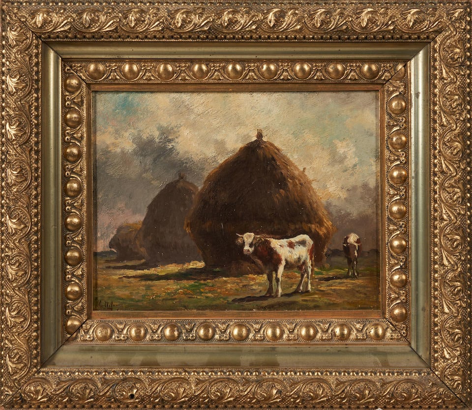 FELIX DOMINIQUE DE VUILLEFROY (FRENCH, 1841-1910) COWS AND HAYSTACKS: FELIX DOMINIQUE DE VUILLEFROY (FRENCH, 1841-1910) COWS AND HAYSTACKS • Oil on panel • Signed 'Vuillefroy' (lower left) • Undated • Framed • 7 1/16' x 9 1/16' sight size &
