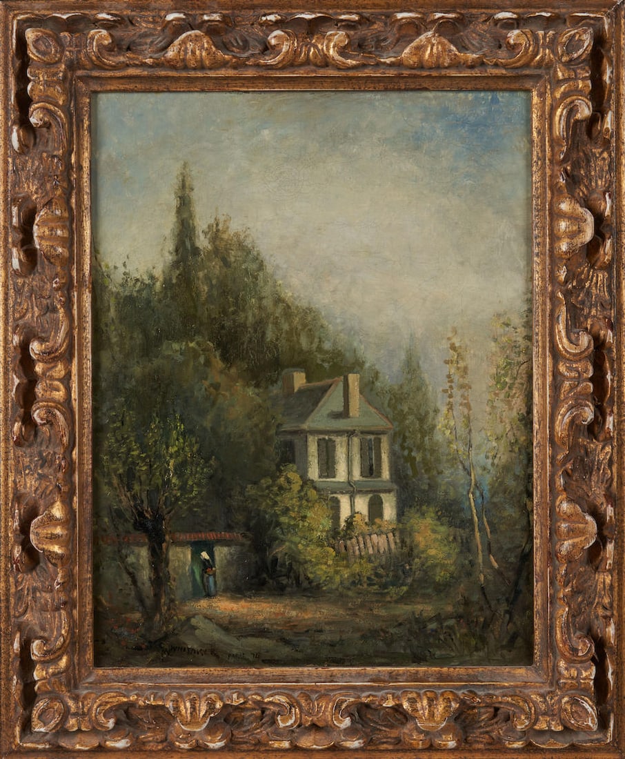GEORGE WILLIAM WHITAKER (AMERICAN, 1841-1916) STONE WALL AND HOUSE: GEORGE WILLIAM WHITAKER (AMERICAN, 1841-1916) STONE WALL AND HOUSE • Oil on panel • Signed 'GW WHITAKER PARIS 74' (lower left) • Framed • 16 9/16' x 12 5/8' sight size •