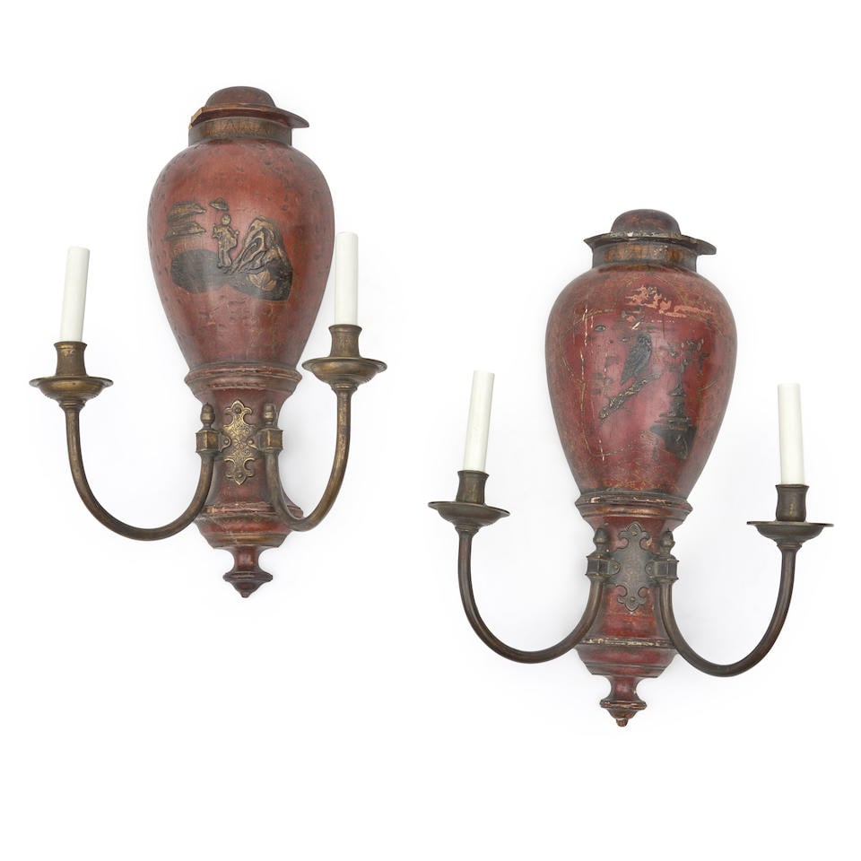 PAIR OF JAPANNED TWO-LIGHT WALL SCONCES (1 of 2)