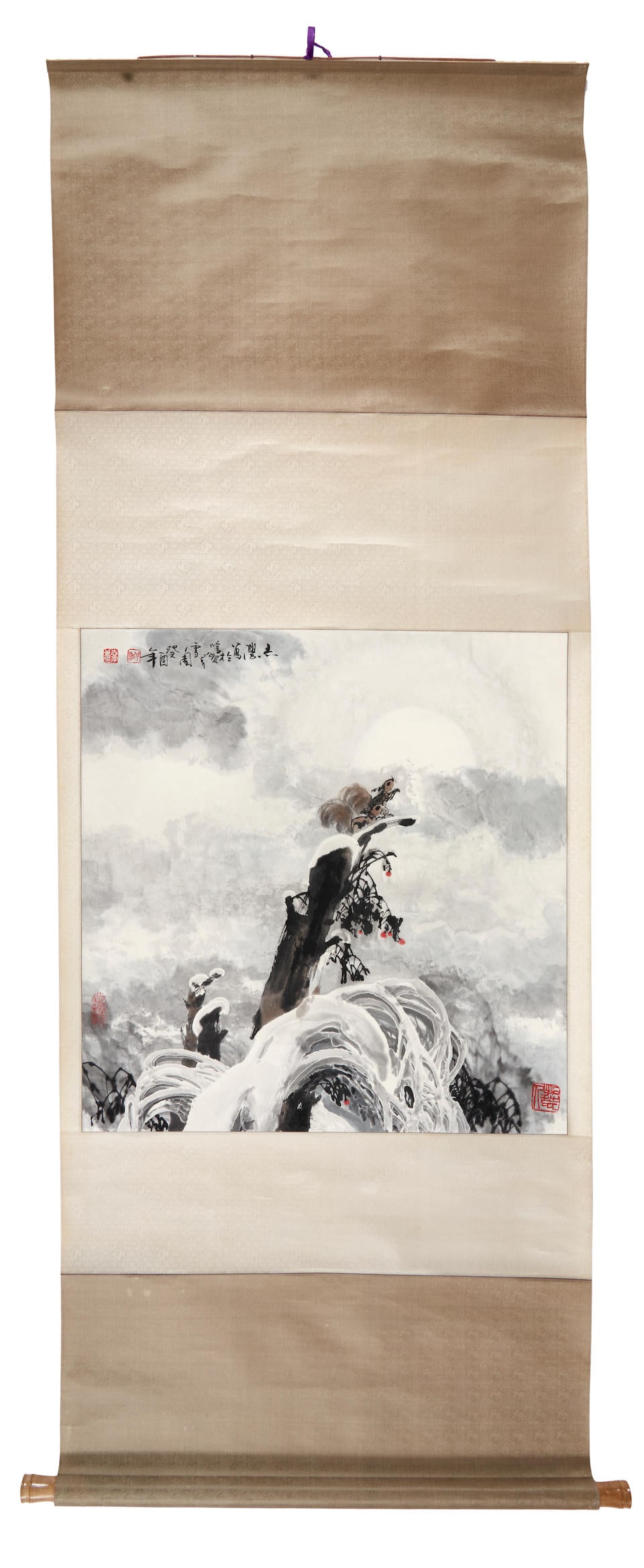 YU ZHIXUE (CHINESE, BORN 1935) HANGING SCROLL DEPICTING A SNOWSCAPE: YU ZHIXUE (CHINESE, BORN 1935) HANGING SCROLL DEPICTING A SNOWSCAPE • Circa 1993 • Ink and color on paper • Signed and dated 'Chinese GuiYou Year' • Mounted • 26' x 27' s