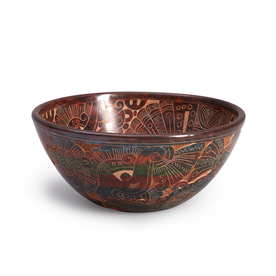 CONTEMPORARY NICARAGUAN POTTERY BOWL: CONTEMPORARY NICARAGUAN POTTERY BOWL • Signed 'Jose Guerrero y Carolina San Juan Di Oriente' on the base • 5' height • 11 1/2' diameter Footnotes: OVERALL CONDITION: Very good. This