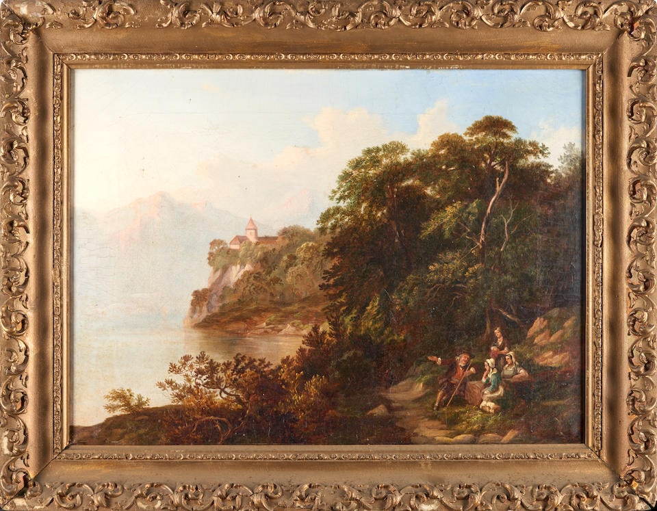 BRITISH SCHOOL (19TH CENTURY) A REST AND A TALL TALE ON THE EDGE OF THE PATH: BRITISH SCHOOL (19TH CENTURY) A REST AND A TALL TALE ON THE EDGE OF THE PATH • Oil on canvas • Signed 'J. Wilson' (lower right) • Framed • 22 1/16' x 29 3/4' sight size •
