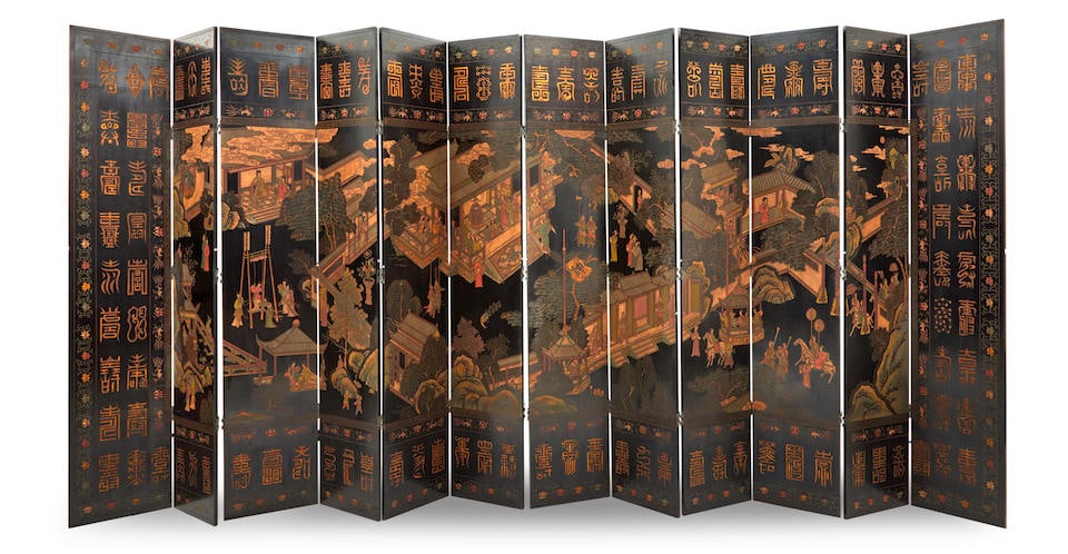 LARGE CHINESE EXPORT CORMANDEL FIGURAL AND SCENIC DECORATED TWELVE-PANEL FLOOR SCREEN (1 of 2)