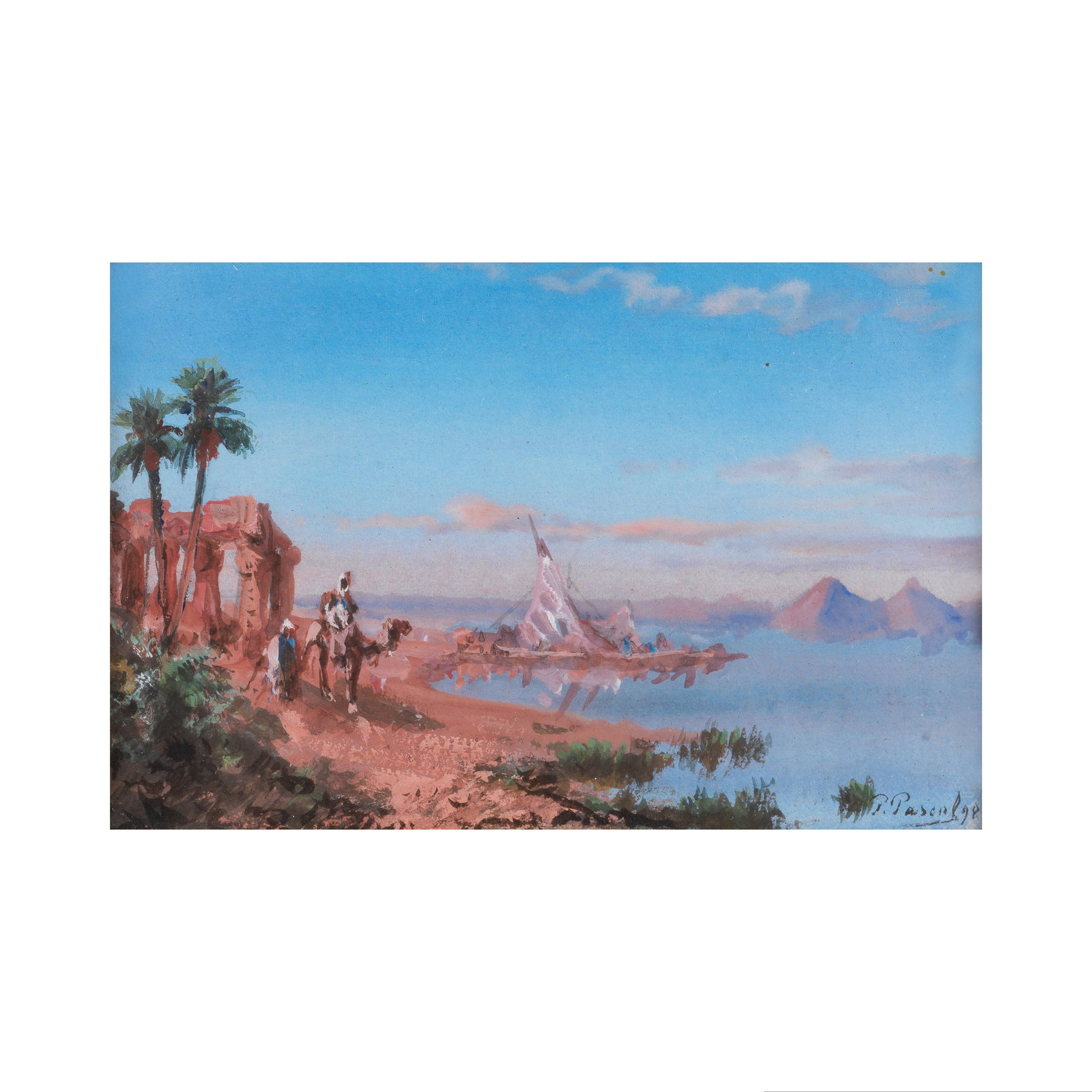 PAUL PASCAL (TOULOUSE 1839-1905 WASHINGTON D.C.) Paysage aux ruines avec bédouins: PAUL PASCAL (TOULOUSE 1839-1905 WASHINGTON D.C.) Paysage aux ruines avec bédouins signé 'P. Pascal 98' (en bas à droite) gouache sur papier signed 'P. Pascal 98' (lower right) gouache o