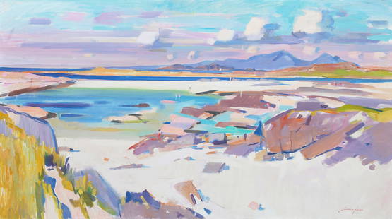 John Cunningham RGI DLitt (British, 1926-1998) Sanna Bay, Ardnamurchan (painted in 1986): John Cunningham RGI DLitt (British, 1926-1998) Sanna Bay, Ardnamurchan signed 'Cunningham' (lower right), titled and signed (on artist's label, verso) oil on canvas 66.5 x 117cm (26 3/16 x 46 1/16in).