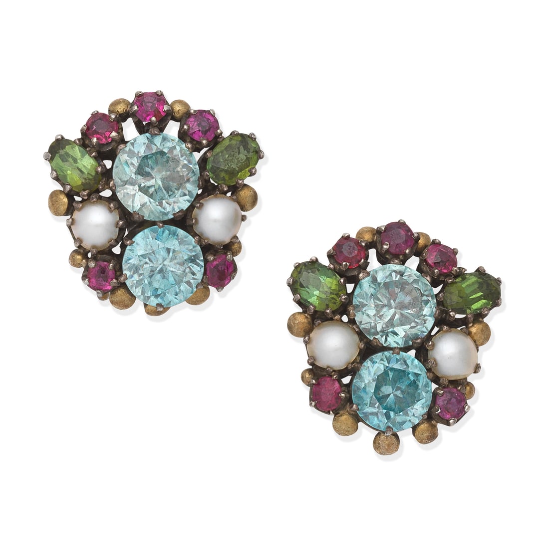 GEM-SET EARRINGS: GEM-SET EARRINGSCircular-cut blue zircon, vari-coloured cushion shaped gemstones and half-pearls, mounted in silver, pearls untested, length 1.8cmFootnotes:Attributed to Dorrie Nossiter or Sybil Dunlo